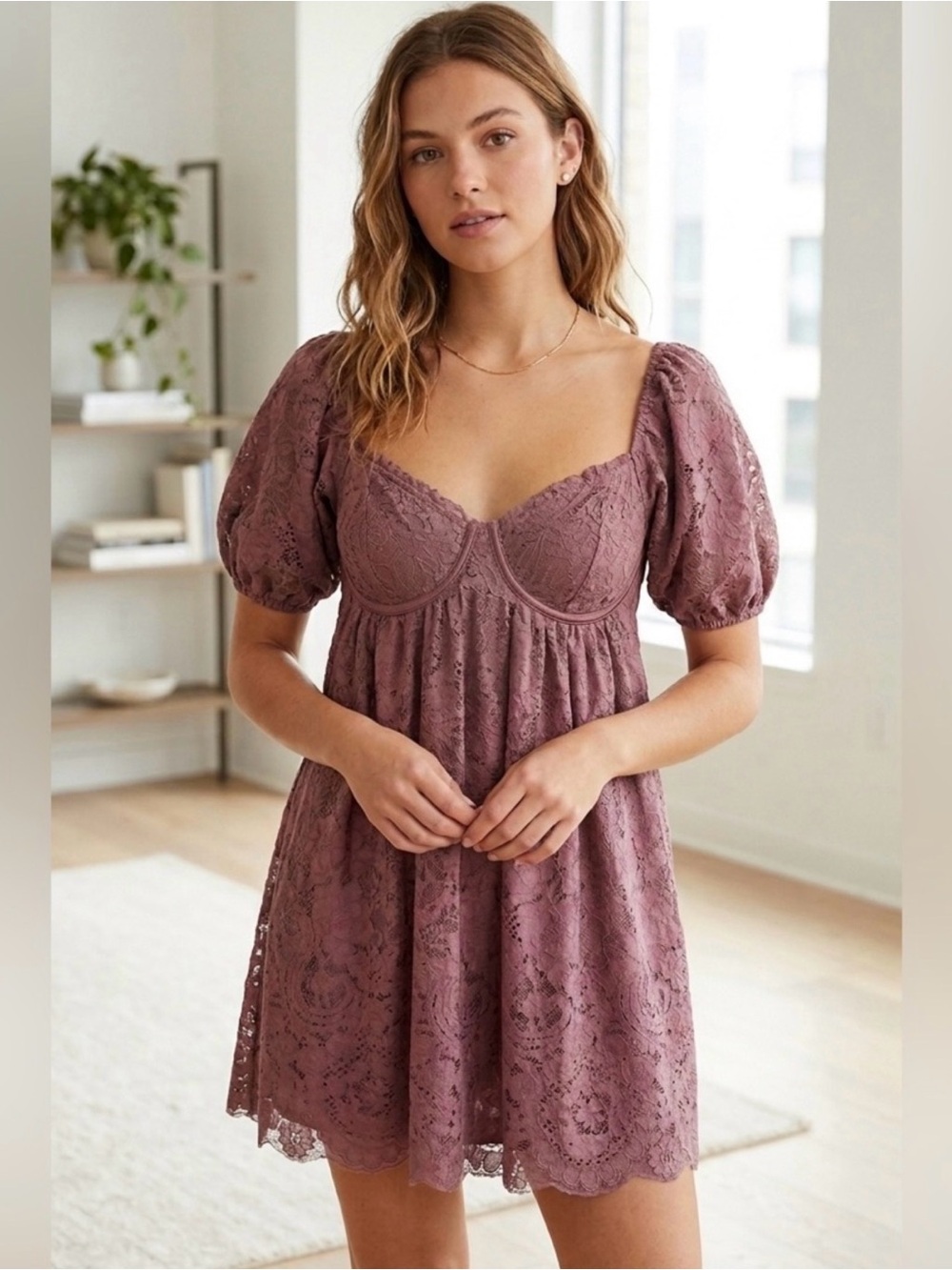 Altar’d State Maroon Lace Mini Babydoll Dress
